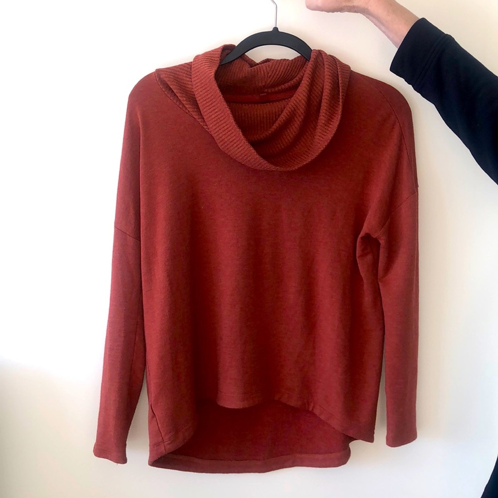 Burnt orange lou and grey cowl neck sweater